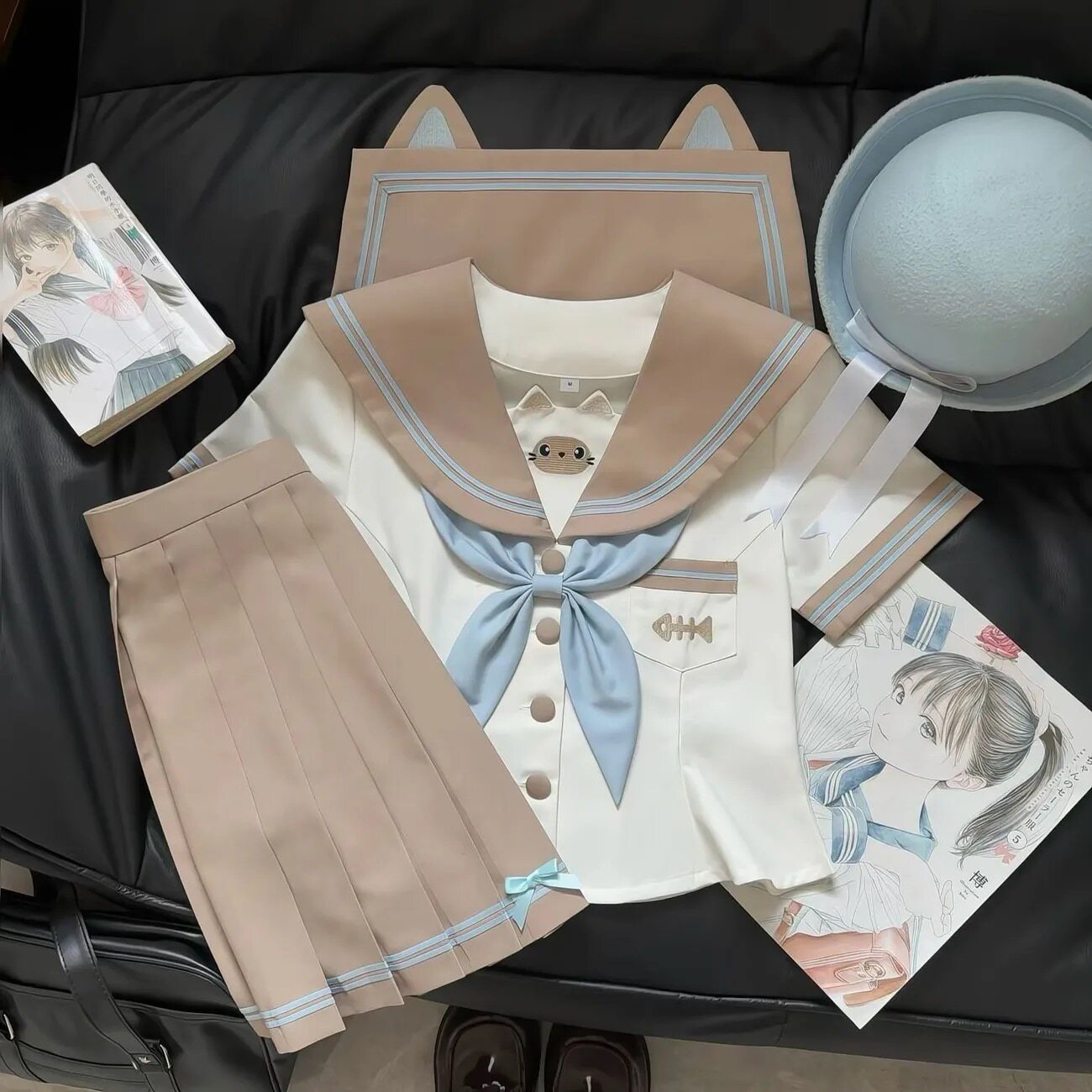 原创咖色可爱水手服JK学生日系收腰制服校供感正版显瘦学院风套装图片