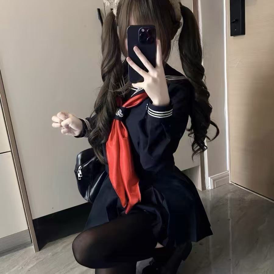 原创jk制服日系学院风校供正统绀三本基础款水手服绀色短袖套装女