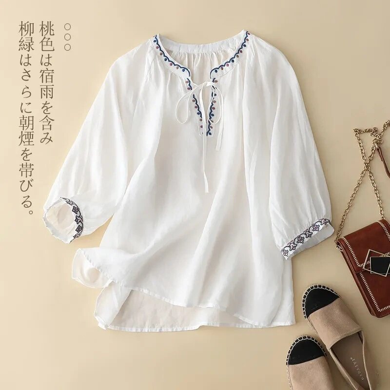 原创棉麻刺绣V领七分袖衬衫女舒适柔软衬衣新款领口系带夏季上衣