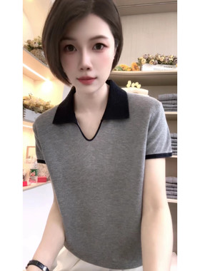 [编码D216]妮妮家翻领灰色藏青领短袖宽松套头针织女