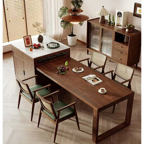 南美胡桃木实木餐桌椅岛台一体饭桌现代简约原木大板长桌吃饭桌子