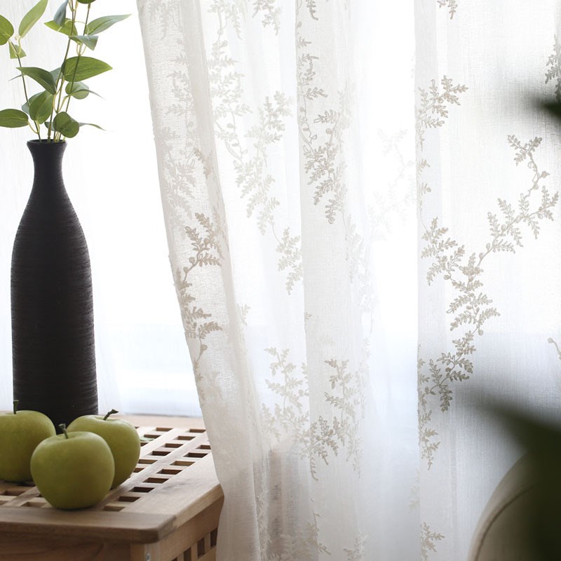 北欧风格田园刺绣窗纱帘白纱 卧室棉麻窗沙帘成品白色窗帘纱