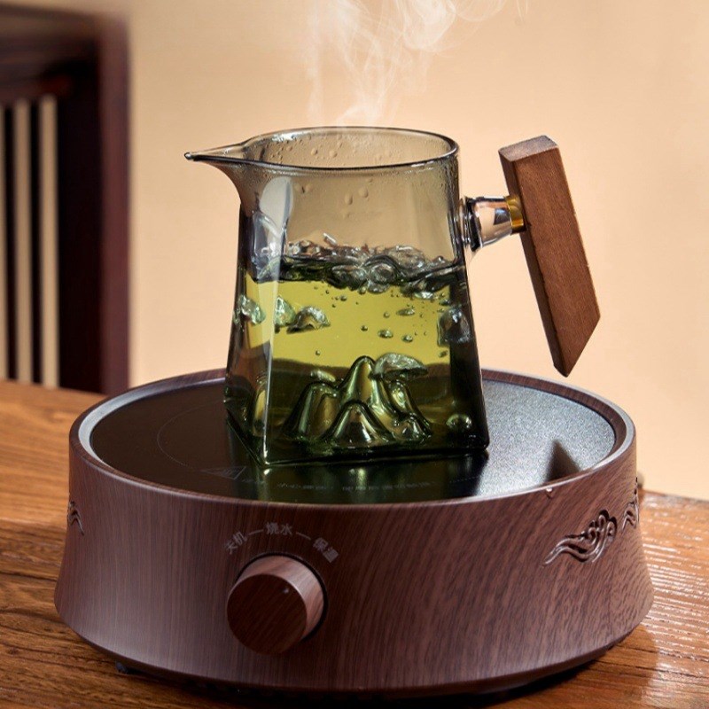 观山公道杯四方形耐热玻璃公平杯独特木把功道茶杯带手柄分茶水杯
