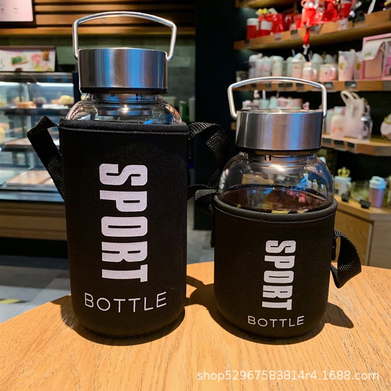 大容量玻璃杯户外运动水壶钢盖手提便携带把泡茶耐热水杯礼品广告