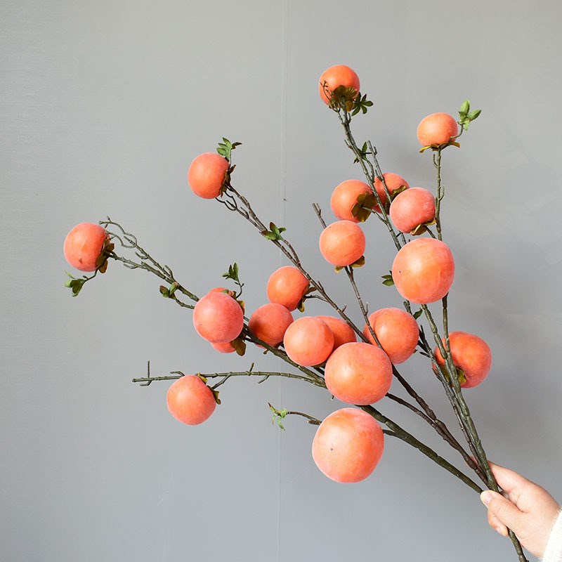 七果柿子仿真柿子果树枝落地长枝装饰花假果实家居绿植盆栽摆设