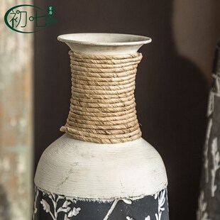 客厅酒店玄关装饰摆件 民宿插画圆瓶子 美式铁艺印花复古落地花瓶
