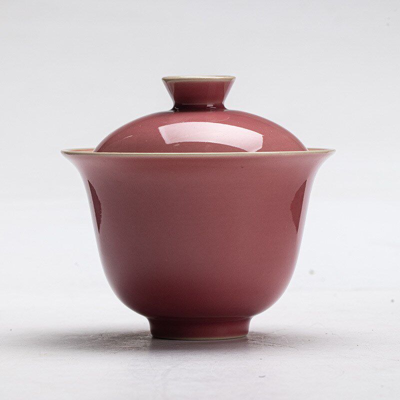 浅豆红仿古陶瓷盖碗 双线手绘豇豆红防烫家用茶具泡茶碗