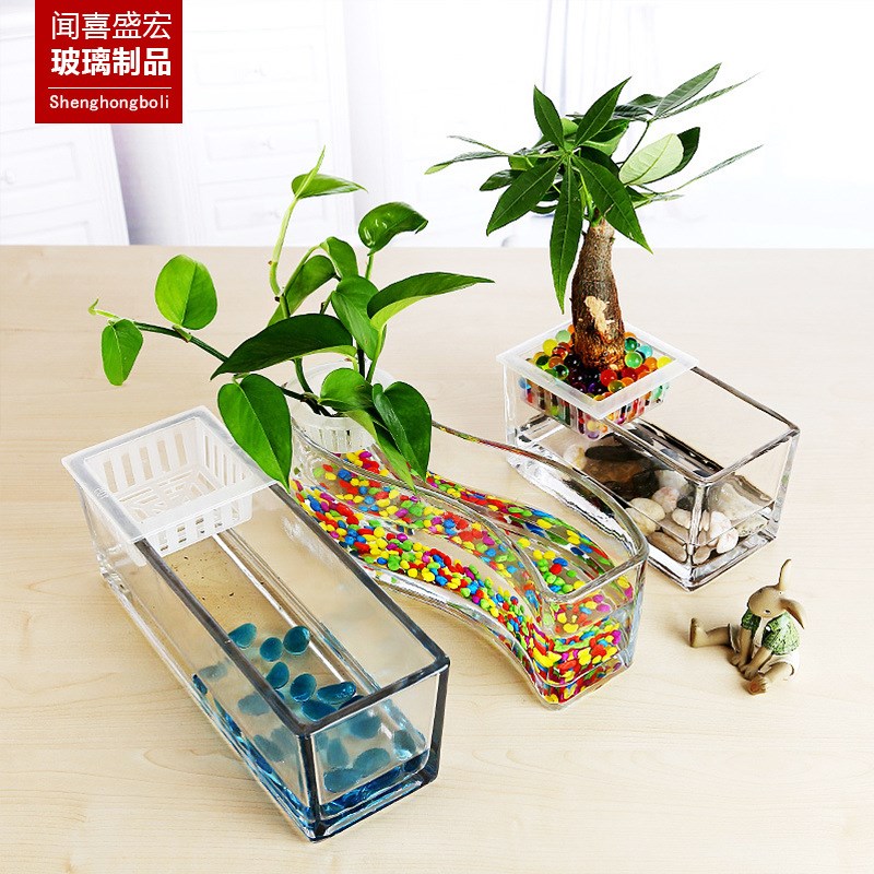 水培植物玻璃花瓶 长方形透明花瓶绿萝睡莲水养花盆器皿容器鱼缸