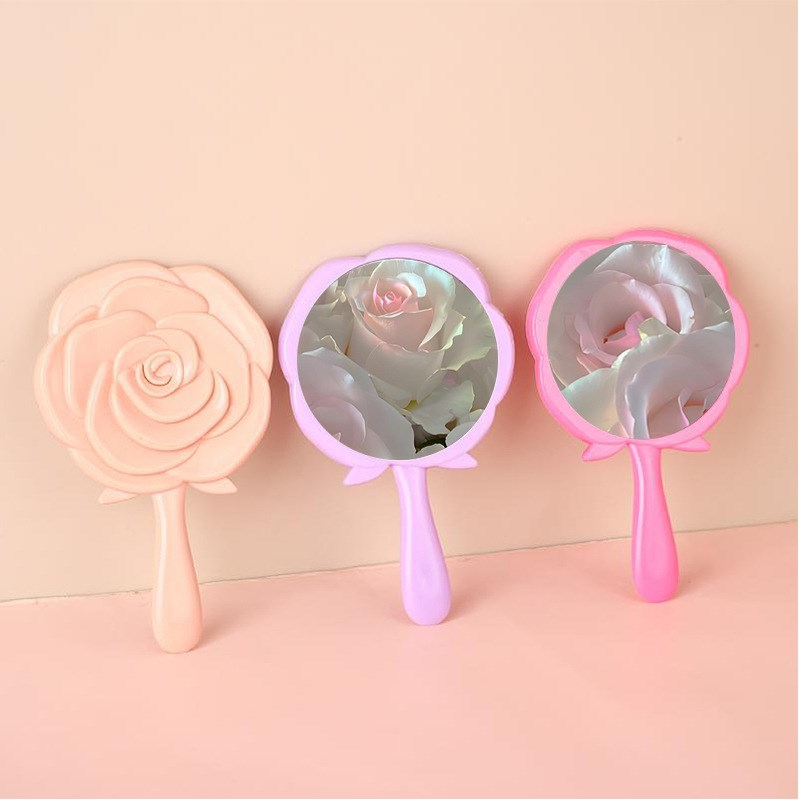 新款玫瑰花女生手持镜可爱便携式手柄镜子迷你小镜子有造型化妆镜