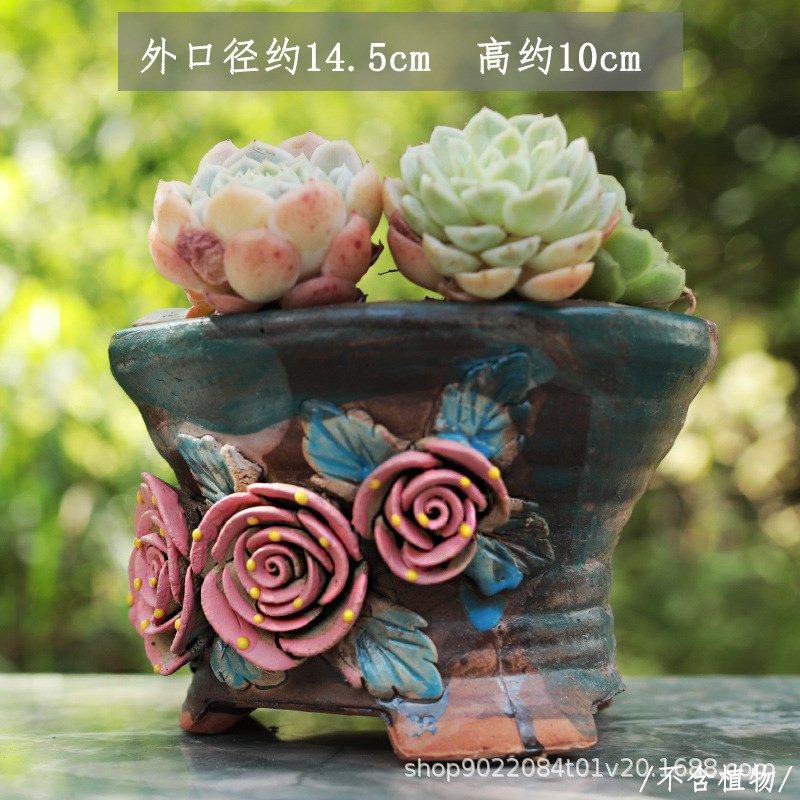直供捏花麦饭石拼盘陶瓷粗陶多肉花盆复古个性肉肉绿植组合大口径