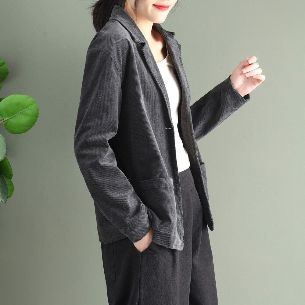 秋冬100%全棉外套女文艺复古灯芯绒修身宽松显瘦微弹小西装外套