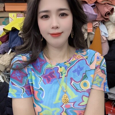 蓝色妖姬网纱新款短袖T恤女百搭