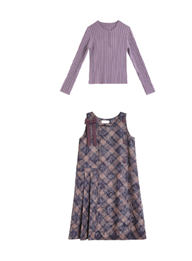 雾霾紫色撞色扎染背带裙女春复古气质温柔百搭宽松连衣裙