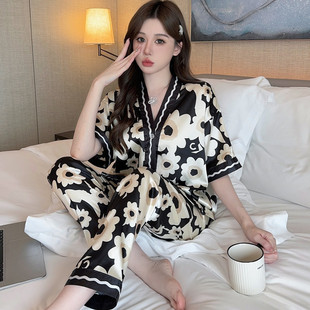 睡衣女士夏季冰丝开衫短袖长裤网红时尚休闲丝绸可外穿家居服套装