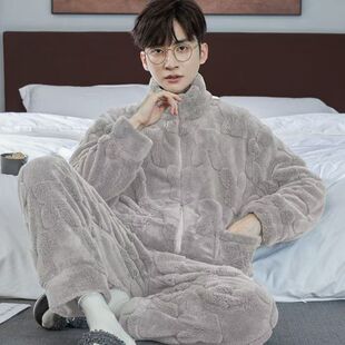 男士珊瑚绒可外穿睡衣拉链加厚加绒法兰绒家居服套装2025秋冬