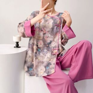 睡衣女套装绵绸国风印花家居服夏天可外穿新中式大码薄款人造棉绸