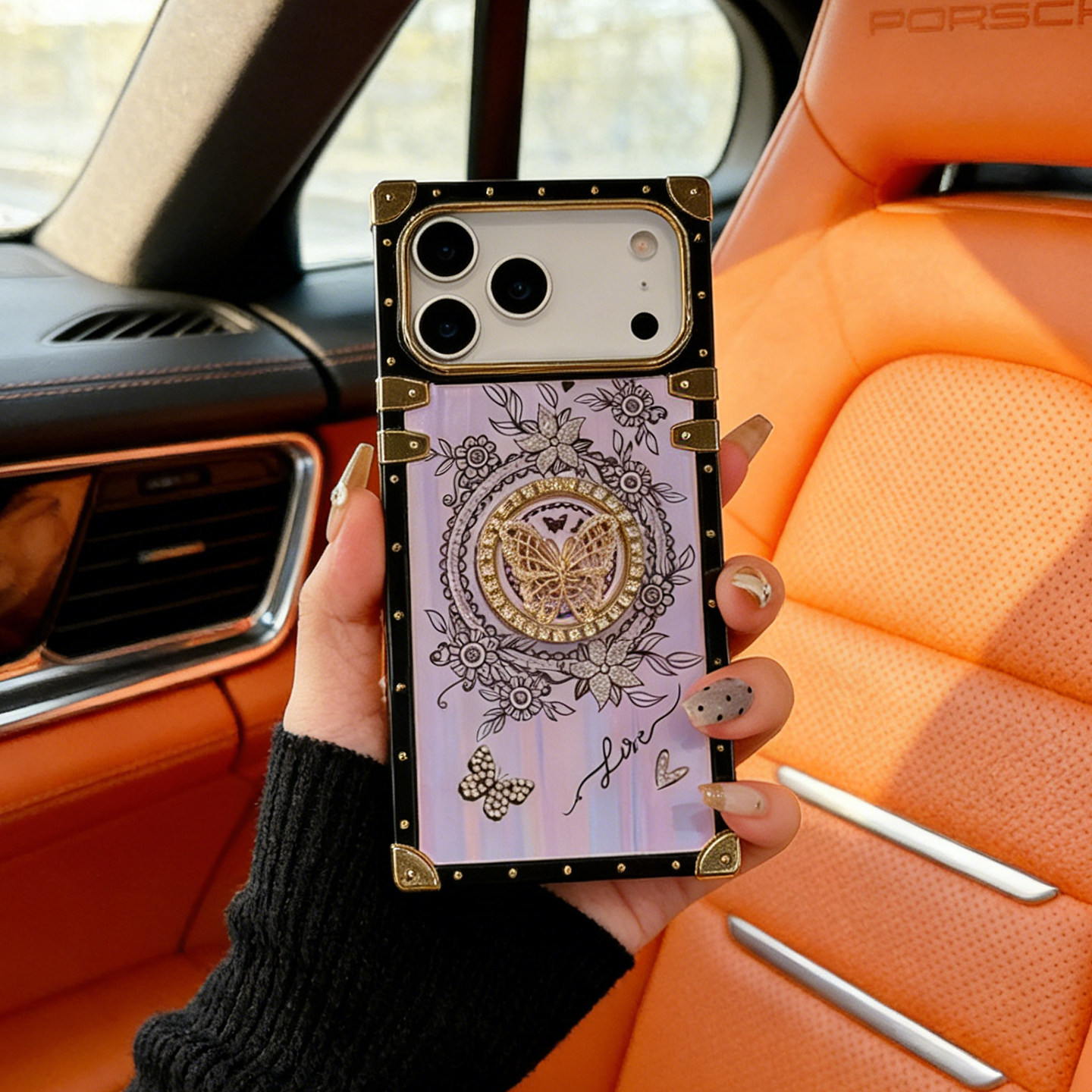 高端方形iPhone17手机壳时尚蝴蝶苹果16promax轻奢防摔适用15plus带指环支架14pro创意网红女高级感13p保护套