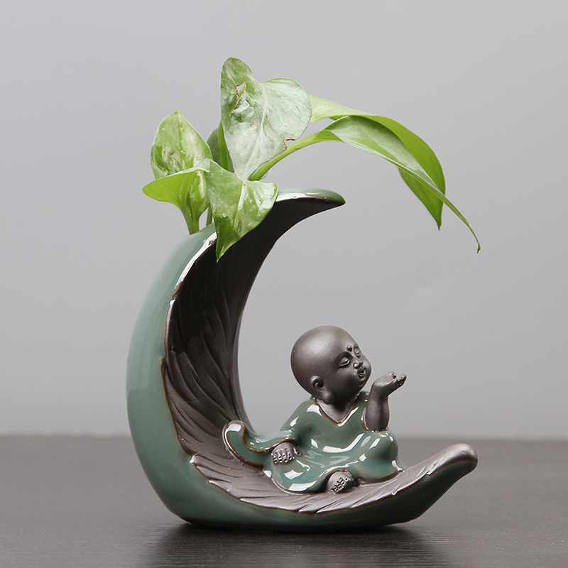 茶宝创意茶宠摆件绿萝水培花瓶水养植物器小清新插花花器茶具配件