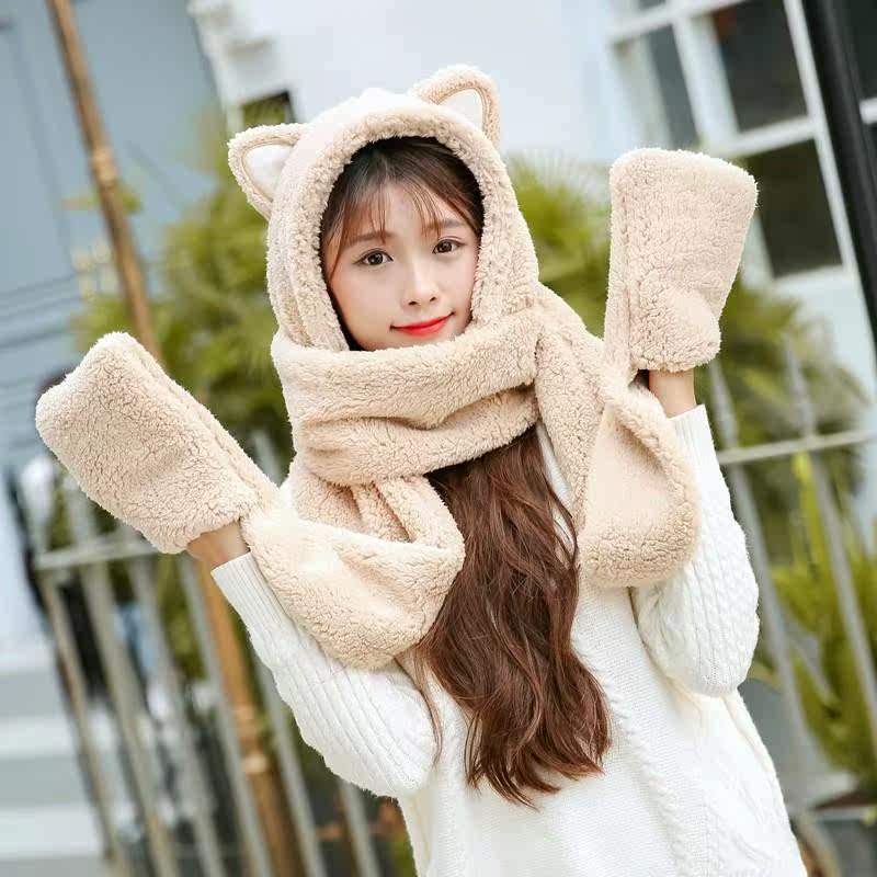 韩版冬季成人帽子口罩围脖三件围巾毛绒可爱卡通连帽学生三件套女在类目 服饰配件/皮带/帽子/围巾, 帽子中 - 来自Buy2taobao.com提供专业的淘宝代购服务