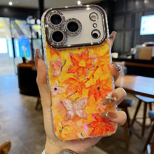 适用苹果系列iPhone17新款 蓝光滴胶香橙枫叶15promax全包闪粉镜头防摔网红保护套 手机壳14promax16promax时尚