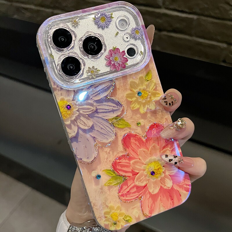 适用苹果系列iPhone17新款手机壳13pro/16promax高级感粉紫花卉15promax14promax全包花朵镜框网红女款保护套
