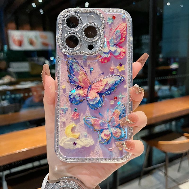 适用苹果系列iPhone16新款手机壳15pro14promax文艺优雅云朵蝴蝶13pro16promax扭边钻框闪钻镜头膜时尚保护套