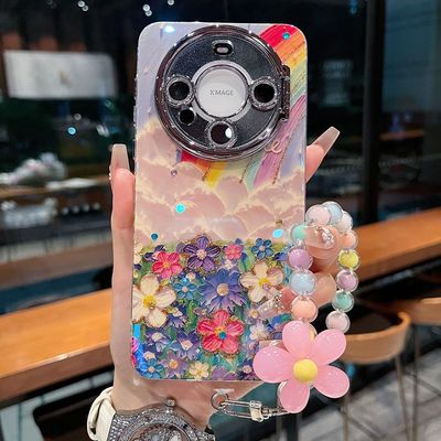 适用华为mate70系列苹果新款手机壳mate60pro时尚优雅油画彩虹花海手链P70pro全包镜头膜翻盖支架网红保护套