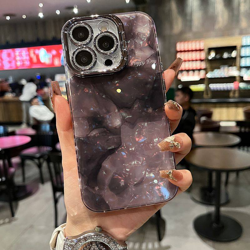 适用苹果系列iPhone16新款时尚手机壳15pro14promax贝壳纹晕染粉13pro16promax银灰色闪粉镜头支架网红保护套