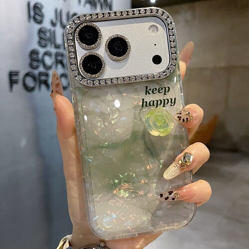 适用苹果系列iPhone17新款手机壳15/14promax高级绿色晕染立体山茶花13/16promax满钻镜框大孔网红女款保护套