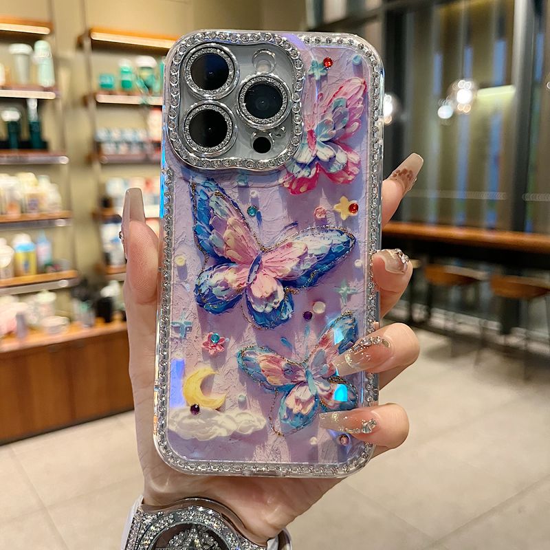 适用苹果系列iPhone16新款手机壳15pro14promax时尚国风云朵蝴蝶13pro16promax扭边钻框闪钻镜头膜网红保护套