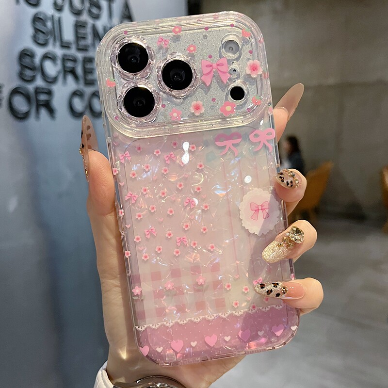 适用苹果系列iPhone17新款手机壳13pro/16promax高级粉色彩贝拼格15pro/14promax全包闪粉花朵镜框网红保护套