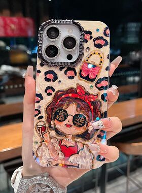适用苹果系列iPhone16新款手机壳15promax/14promax豹纹富婆个性时尚13pro/16pro苹果波浪镜框独立闪钻镜头膜