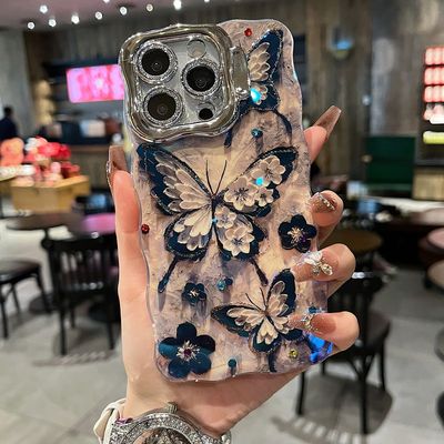 适用苹果系列iPhone16新款梦幻手机壳15pro14promax高级彩色蝴蝶13pro16promax全包支架闪粉镜头膜网红保护套