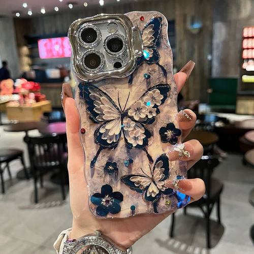 适用苹果系列iPhone16新款梦幻手机壳15pro14promax高级彩色蝴蝶13pro16promax全包支架闪粉镜头膜网红保护套