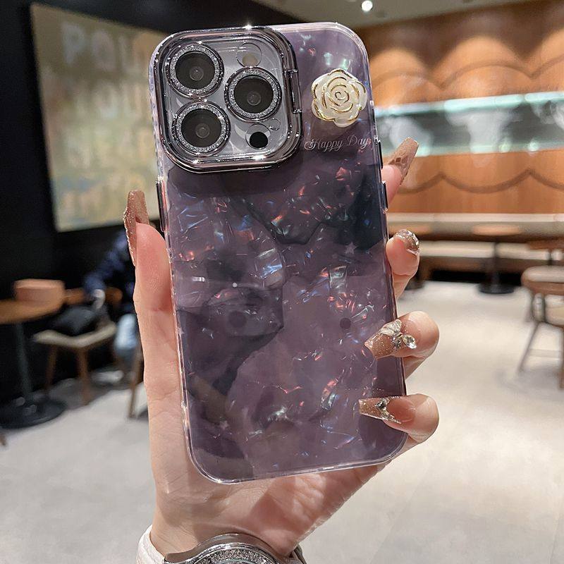 适用苹果系列iPhone16新款简约手机壳13pro16promax贝壳纹晕染山茶花14pro15promax银灰色闪粉镜头支架保护套