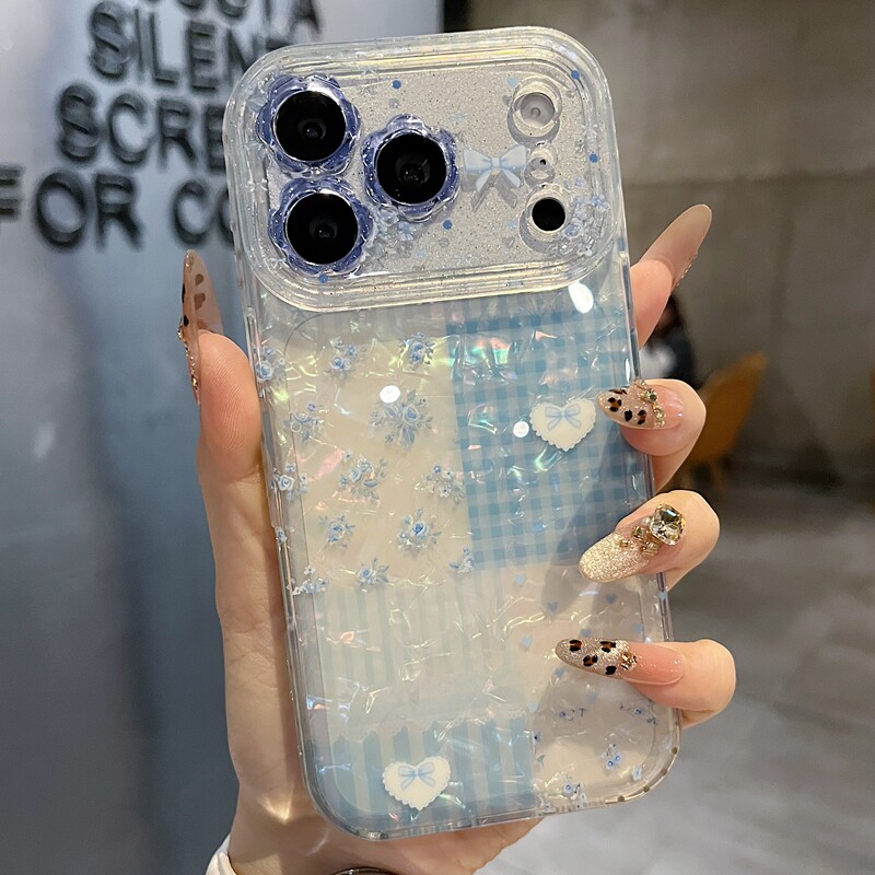 适用苹果系列iPhone17新款手机壳13pro/16promax清新蓝色彩贝拼格15pro/14promax全包闪粉花朵镜框网红保护套