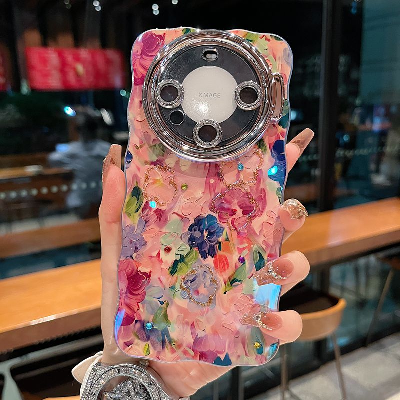 适用华为mate60系列苹果16promax新款优雅手机壳mate40/50粉莫奈园14pro/15promax全包隐形支架镜头膜保护套