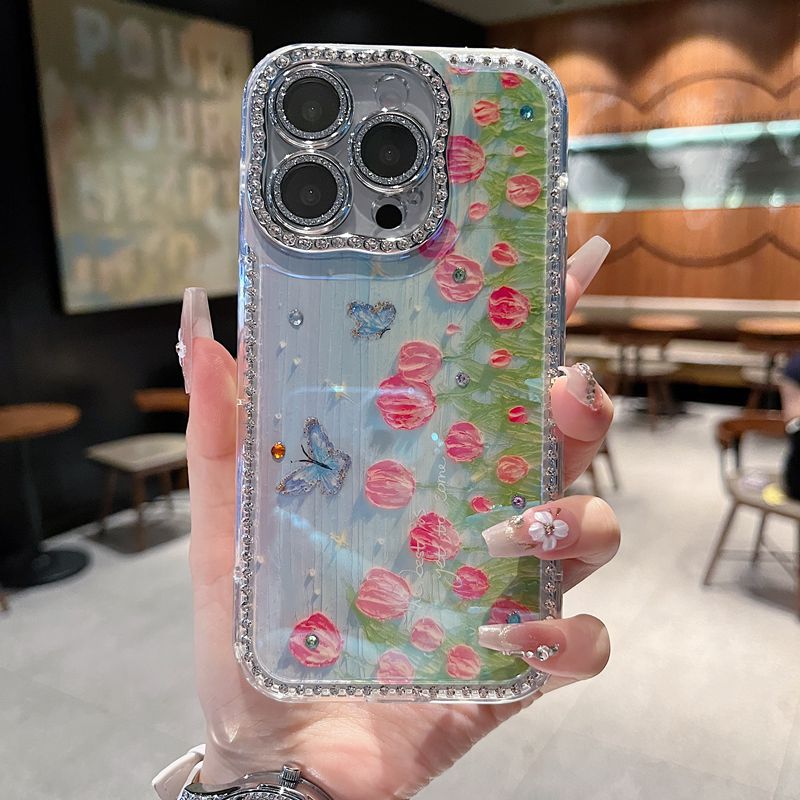 适用苹果系列iPhone16新款手机壳15pro14promax优雅横排郁金香花从油画13/16promax扭边钻框闪钻镜头膜保护套