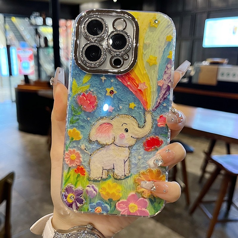 适用苹果系列iPhone17新款手机壳14pro/16promax创意彩虹大象花朵13pro/15promax全包闪粉镜头防摔网红保护套