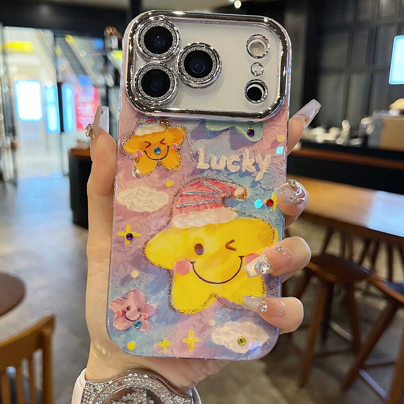 适用苹果系列iPhone17新款手机壳15pro16promax创意彩色笑脸五角星13pro14promax全包闪粉镜头防摔时尚保护套