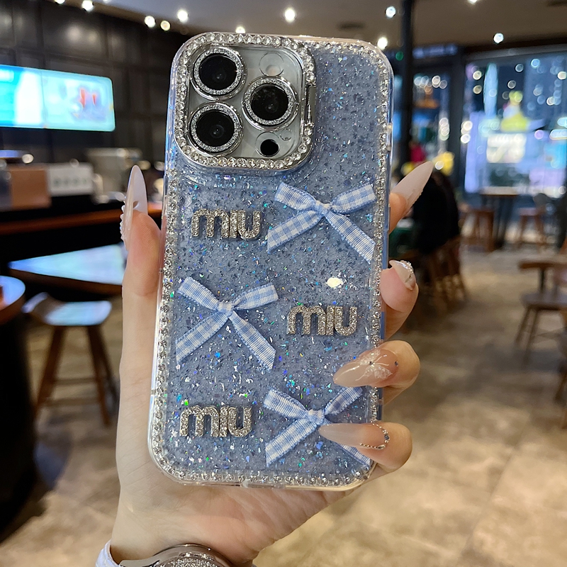 适用苹果系列iPhone16新款手机壳15pro14promax高级ins蓝色蝴蝶结miu 16promax全包镜头膜钻框支架网红保护套