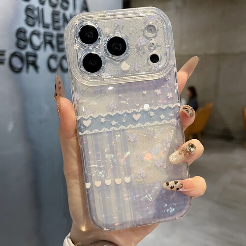 适用苹果系列iPhone17新款手机壳13pro/16promax清新紫色彩贝拼格15pro/14promax全包闪粉花朵镜框网红保护套