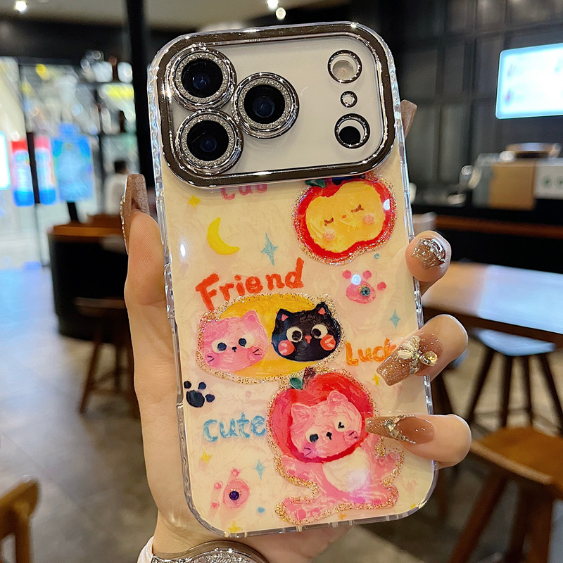 适用苹果系列iPhone17新款手机壳14promax16promax时尚蓝光滴胶苹果猫咪15promax全包闪粉镜头防摔网红保护套