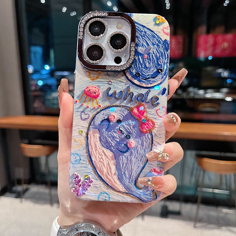 适用苹果系列iPhone16新款卡通手机壳15pro14promax油画whale鲸鱼13pro/16promax钻石镜框闪钻镜头膜保护套