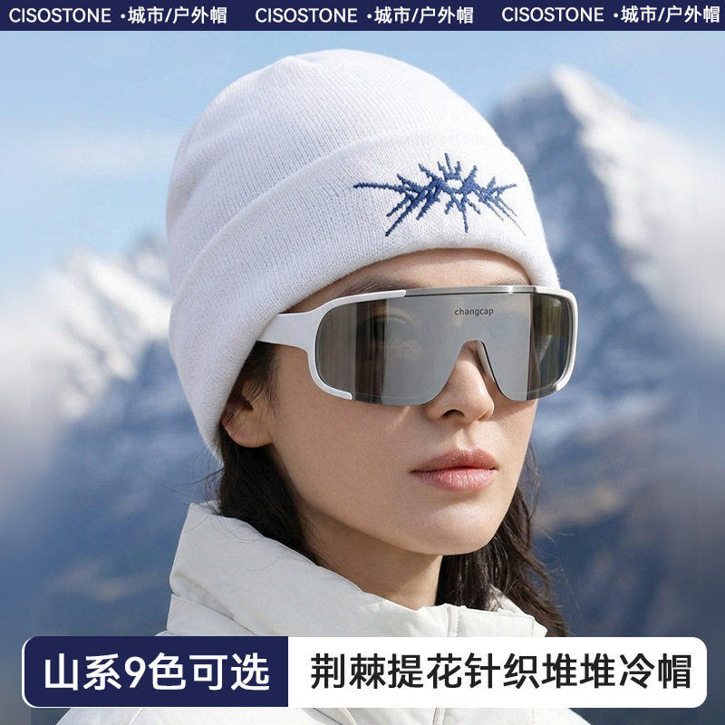 新款户外防风个性纯色秋冬毛线帽保暖帽晴纶刺绣针织帽滑雪冬帽