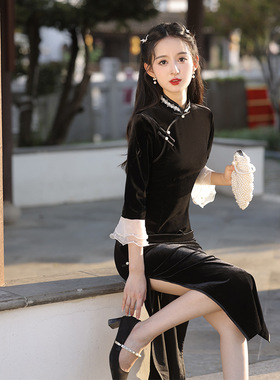 黑色丝绒旗袍春冬季长袖新款2024年轻款改良少女装端气质老上海