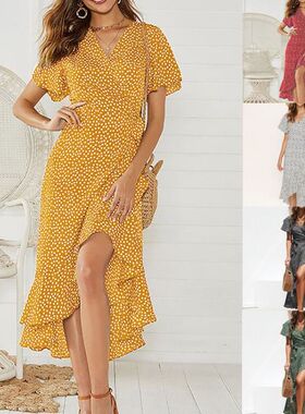 2023 Deep V wave women summer Chiffon dress 波点短袖连衣长裙