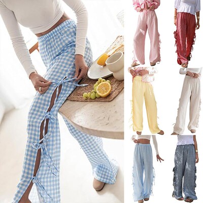 开叉格子睡裤宽松休闲家居长裤女