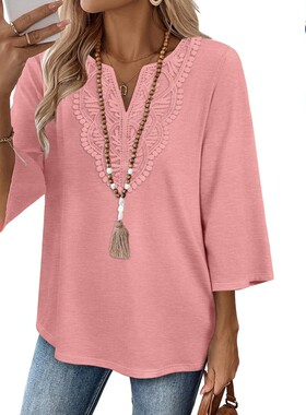 3/4 Length Sleeve Women Tops V Neck Lace Shirt Trendy Blouse