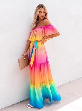 Women Off Shoulder Summer Beach Dress彩色一字肩渐变连衣裙女